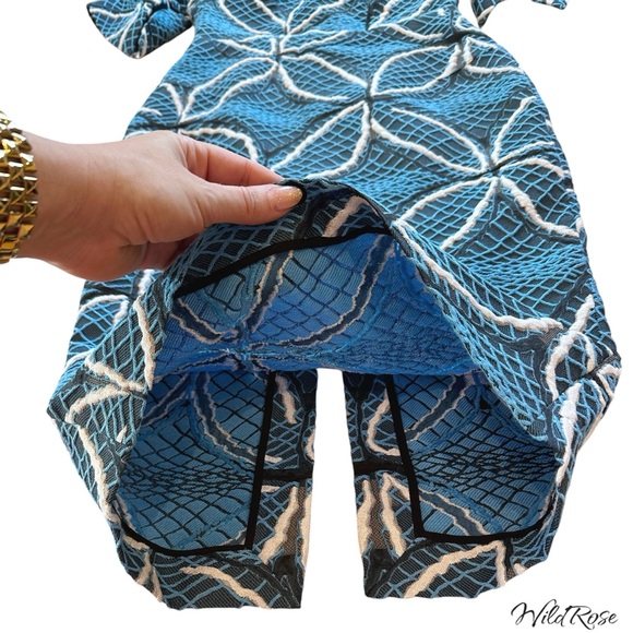 ROLAND MOURET “BANCROFT” BLUE GEOMETRIC PRINT EMBROIDERED MIDI PENCIL DRESS SZ 6 - Picture 10 of 15